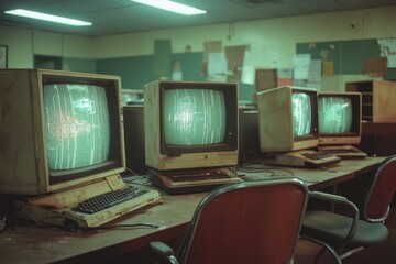 Naklejka premium Outdated computer lab evokes nostalgia with dusty monitors and erratic static reflections