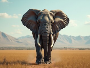 Fototapeta premium Majestic elephant walking through the vast savannah under a clear blue sky. A powerful wildlife portrait capturing the essence of nature.