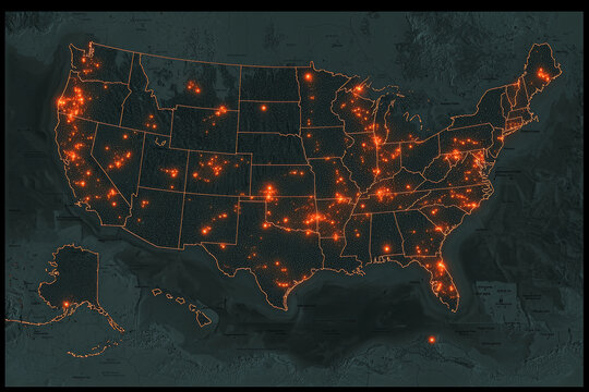 image depicts map of United States with visualizations of telecommunication signals represented by bright orange dots across various locations. This representation highlights coverage and
