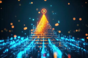 Conceptual visualization illustrating the growth of Bitcoin with a single coin atop glowing charts and arrows in a digital landscape