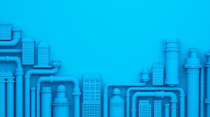 Abstract Background Featuring Blue Pipes and Buildings, Ideal for Rainwater Collection Concepts