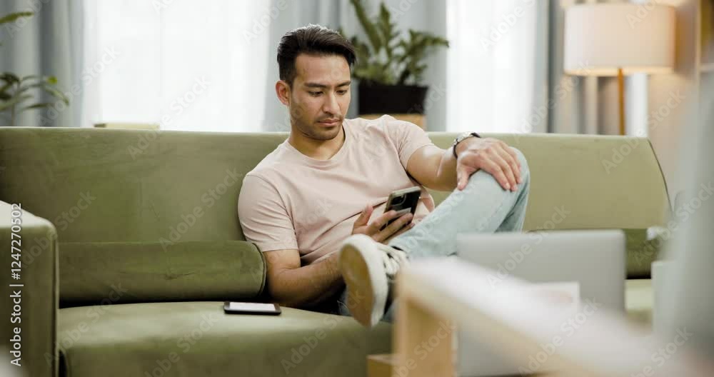 Poster home, relax and man with a smartphone, typing and connection with social media, texting and internet
