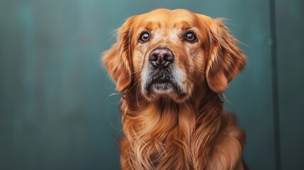 Fototapeta premium Golden retriever dog, close-up portrait on green background, expressive and fluffy pet, minimalistic and vibrant composition, calm and adorable image, isolated and friendly pose