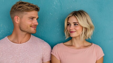 Fototapeta premium Joyful Couple in Casual Outfits Smiling Against a Vibrant Blue Background