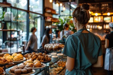 Healthcare Worker Enjoying Cafe Break with Delicious Pastries in Bright Atmosphere