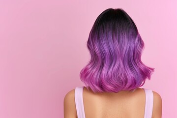 Obraz premium Purple ombre hairstyle with dark roots, shoulder-length wavy hair, stylish and trendy haircut, vibrant and bold gradient tones, modern hair design, professional styling, isolated on pink background