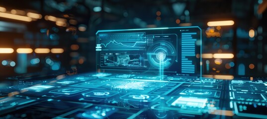 Futuristic Holographic Payment Interface with Glowing Blue Elements for Innovative Financial Solutions