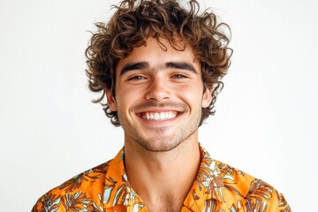 Confident young man with curly hair and bright shirt smiles warmly against a clean white background
