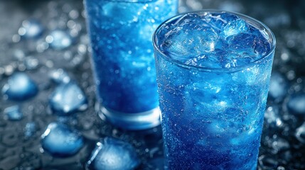 Iced blue soda drinks on dark background