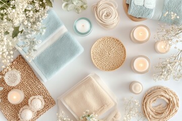 Conjunto de itens de spa com toalhas, velas e elementos decorativos em tons neutros, capturados com luz natural suave, criado com IA generativa.