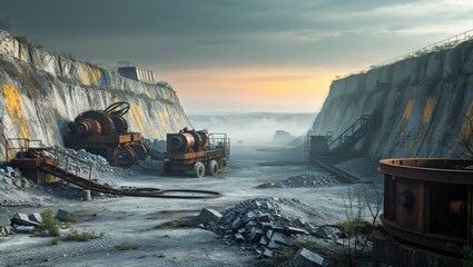 Abandoned quarry with heavy machinery at sunset in a misty landscape