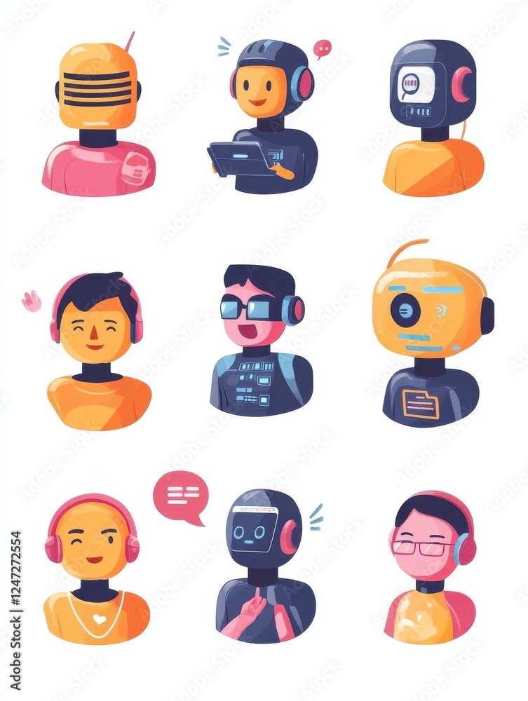 Poster chatbot icons set metaphors. information engineering, artificial intelligence, chatbot app developme