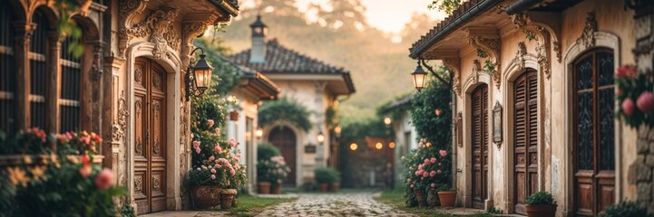 Fototapeta premium Cobblestone alley surrounded by charming houses at sunset