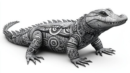Obraz premium Black and White Tribal Feline Crocodile with Intricate Patterns and Designs