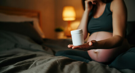 Pregnant woman holding a skincare cream jar in a cozy bedroom setting