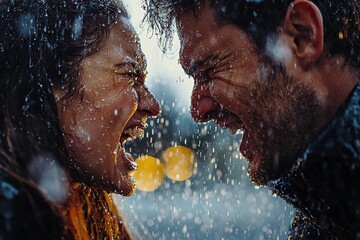 Couple experiencing intense emotions while arguing in the pouring rain with droplets striking their faces and surrounding them