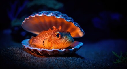 Obraz premium Orange fish resting inside a seashell, showcasing underwater beauty