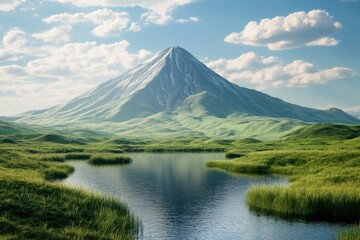 Majestic mountain rises above serene lake and lush green landscape under blue sky