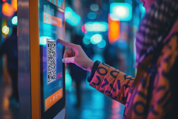 Modern Retail Experience: QR Code Payment at Digital Kiosk in Vibrant Urban Setting