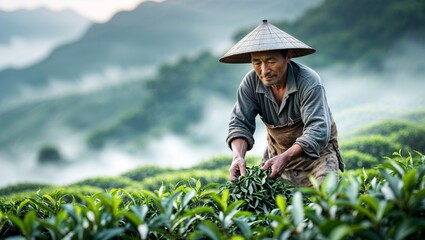 Tea farmer harvesting leaves in early morning misty hills