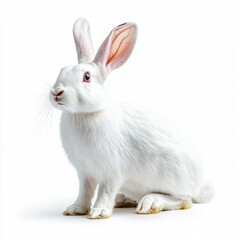 Obraz premium A fluffy, white rabbit sits against a clean, bright white background Its ears are perked up and its gaze is attentive.