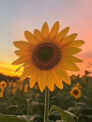 Obraz premium A field blooming with vibrant sunflowers at sunset.