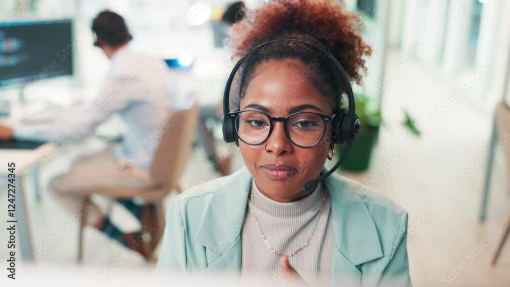 Aufkleber Call center, talking or woman in IT support for communication, software advice or customer service. Face, explain or virtual assistant on computer for technical solution, system update and consulting