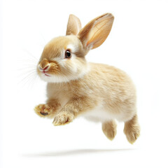 Obraz premium Golden, fluffy baby bunny mid-leap, suspended against a bright white background, capturing its adorable energy and grace.