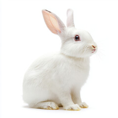A fluffy, pristine white rabbit sits alertly, its pink-tinged ears perked up against a stark white background.