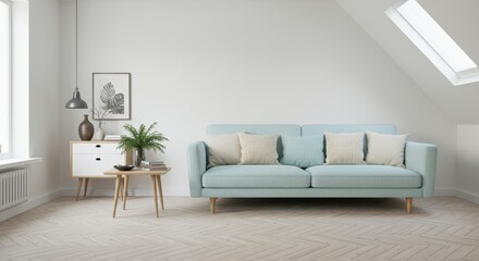 A Scandinavian style living room with a pale blue sofa and wooden legs adorned with textured throw pillows