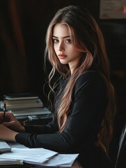 Beautiful young girl working with computer and documents in the office at the table.