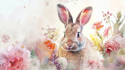 Obraz premium Romantic Easter Greeting Card with Watercolor Bunny and Blooming Flowers for Spring Design
