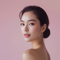 Fototapeta premium Pretty woman of Asian appearance, soft subtle makeup, pink background