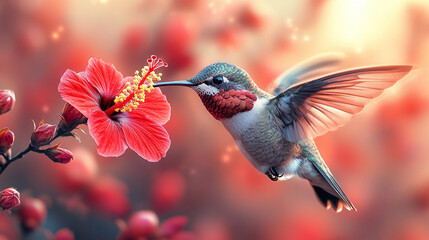 Fototapeta premium A macro shot of a hummingbird feeding on an hibiscus flower with a bright, modern tone. The blurred background and empty space evoke symbolism of nature, energy, and transformation
