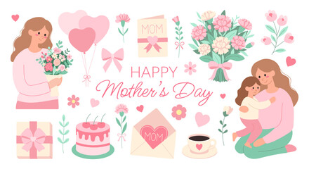 Happy Mother's day stickers set. A woman is holding a bouquet of flowers and a child is holding her. The image is a collage of various elements, including a cake, balloons