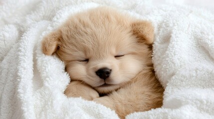 Fototapeta premium Fluffy puppy sleeping soundly under a soft white blanket