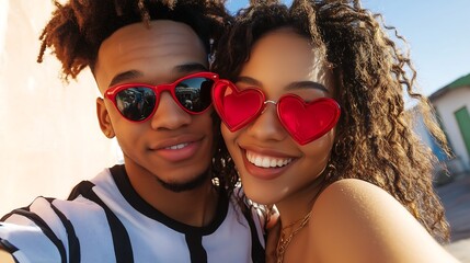 A joyful young couple wearing heart-shaped sunglasses, exuding love and happiness in a playful summer setting.