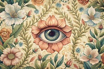 Floral Vision &ndash; A Surreal Fusion of Blooming Elegance and the Mystical Gaze of the Unknown Floral Background