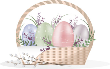Decorated Easter eggs in the basket, Happy Easter concept, basket decorated with spring flower, flat  illustration