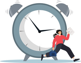 Businesswoman running late for work meeting, a woman races against time, running near a giant alarm clock, time management concept