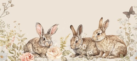 Obraz premium Vintage Easter Card Design with Hand-Drawn Bunnies and Floral Borders