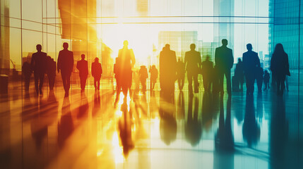 Group of business people silhouettes in modern office building and business network concept. Human resources with pastel innovation charts and graphs with statistics to analyze business	