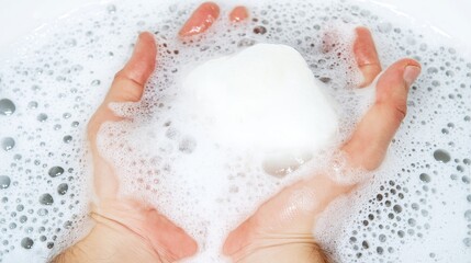 Hands delicately holding handmade soap bar, surrounded by soft white bubbles, highlighting personal hygiene and cleansing ritual