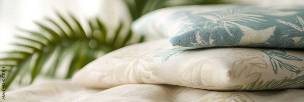 Poster Colorful tropical patterns on light summer fabrics create a relaxed atmosphere for warm weather gatherings in a cozy setting. Generative AI