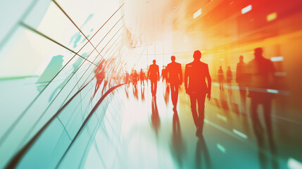 Obraz premium Group of business people silhouettes in modern office building and business network concept. Human resources with pastel innovation charts and graphs with statistics to analyze business