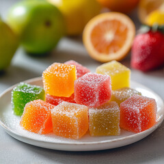Fruit-flavored gummy candies covered in sugar crystals on a ceramic plate. Various colors and flavors make it a tasty and chewy dessert option, ideal for sweet lovers and confectionery enthusiasts