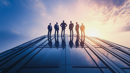 Group of business people silhouettes in modern office building and business network concept. Human resources with pastel innovation charts and graphs with statistics to analyze business