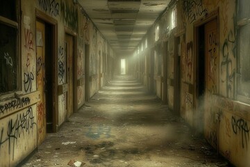 Decaying hospital corridor revealing mystery and neglect through faded doors and graffiti in an abandoned setting