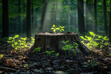 Fototapeta premium Decaying tree stump nurtures new life under soft sunlight in a forest setting