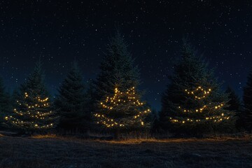 Naklejka premium The image features a group of Christmas trees beautifully lit up against the night sky, creating a festive and picturesque scene.